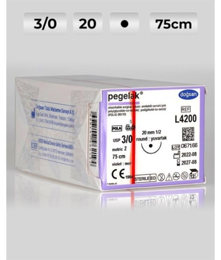 L4200 DOĞSAN Pegelak 3/0 20 1/2 Yuvarlak (●) 75Cm PGLA Emilebilir Sütür 12 Ad./Pkt