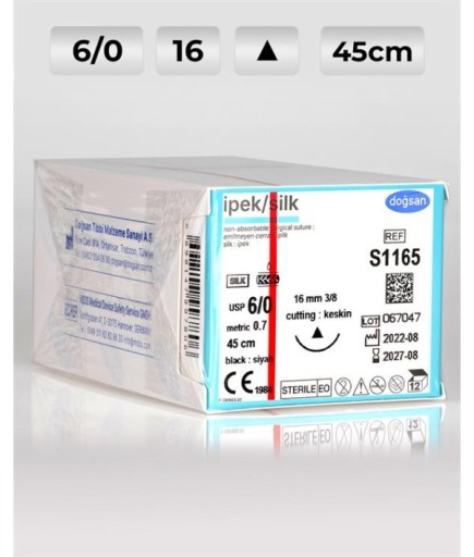 S1165 DOĞSAN İpek 6/0 16 3/8 Keskin (Δ) 45Cm İpek Emilemeyen Sütür 12 Ad./Pkt