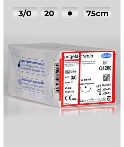 Q4200 DOĞSAN Pegelak Rapid 3/0 20 1/2 Yuvarlak (●) 75Cm PGLA Emilebilir Sütür 12 Ad./Pkt