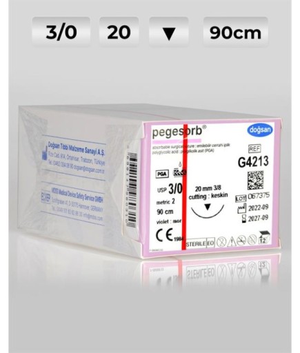 G4213 DOĞSAN Pegesorb 3/0 20 3/8 Keskin (▼) 90Cm PGA Emilebilir Sütür 12 Ad./Pkt