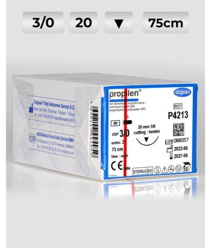 P4213 DOĞSAN Propilen 3/0 20 3/8 Keskin (▼) 75Cm Polipropilen Emilemeyen Sütür 12 Ad./Pkt