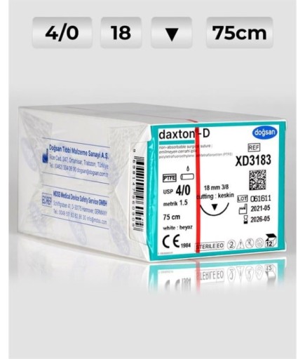 XD3183 DOĞSAN Daxton-D 4/0 18 3/8 Keskin (▼) 75Cm TEFLON Emilemeyen Sütür 12 Ad./Pkt