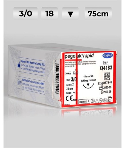 Q4183 DOĞSAN Pegelak Rapid 3/0 18 3/8 Keskin (▼) 75Cm PGLA Emilebilir Sütür 12 Ad./Pkt