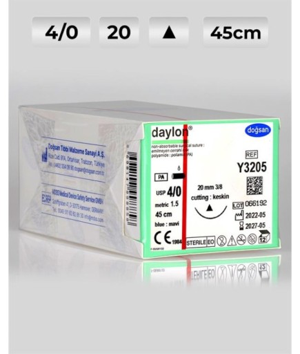 Y3205 DOĞSAN Daylon 4/0 20 3/8 Keskin (Δ) 45Cm Polyamid Emilemeyen Sütür 12 Ad./Pkt