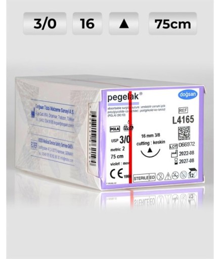 L4165 DOĞSAN Pegelak 3/0 16 3/8 Keskin (Δ) 75Cm PGLA Emilebilir Sütür 12 Ad./Pkt