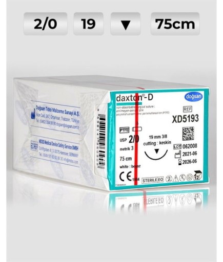 XD5193 DOĞSAN Daxton-D 2/0 19 3/8 Keskin (▼) 75Cm TEFLON Emilemeyen Sütür 12 Ad./Pkt