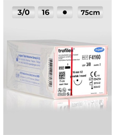 F4160 DOĞSAN Trofilen 3/0 16 1/2 Yuvarlak (●) 75Cm PVDF Emilemeyen Sütür 12 Ad./Pkt