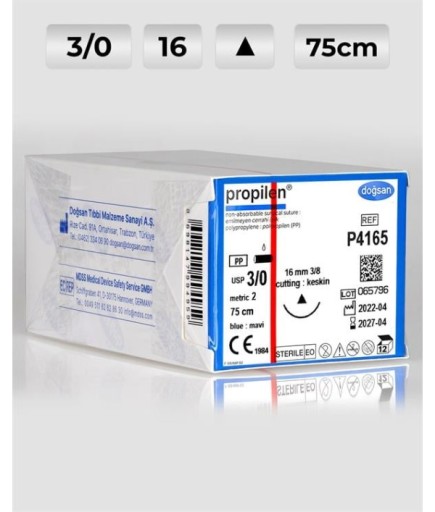P4165 DOĞSAN Propilen 3/0 16 3/8 Keskin (Δ) 75Cm Polipropilen Emilemeyen Sütür 12 Ad./Pkt