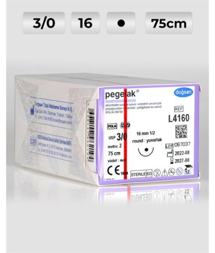 L4160 DOĞSAN Pegelak 3/0 16 1/2 Yuvarlak (●) 75Cm PGLA Emilebilir Sütür 12 Ad./Pkt