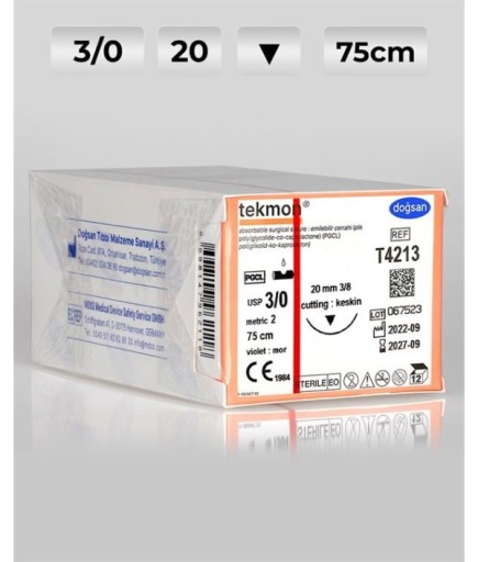 T4213 DOĞSAN Tekmon 3/0 20 3/8 Keskin (▼) 75Cm PGCL Emilebilir Sütür 12 Ad./Pkt