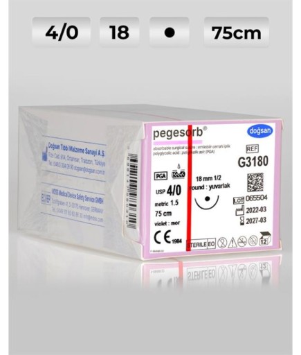 G3180 DOĞSAN Pegesorb 4/0 18 1/2 Yuvarlak (●) 75Cm PGA Emilebilir Sütür 12 Ad./Pkt