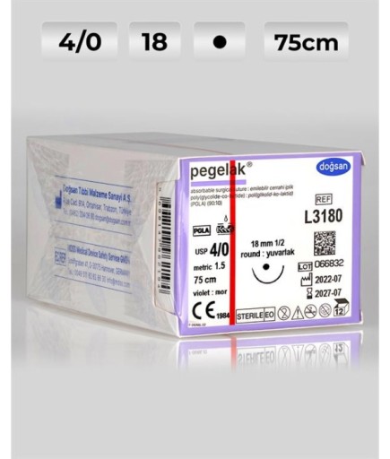 L3180 DOĞSAN Pegelak 4/0 18 1/2 Yuvarlak (●) 75Cm PGLA Emilebilir Sütür 12 Ad./Pkt