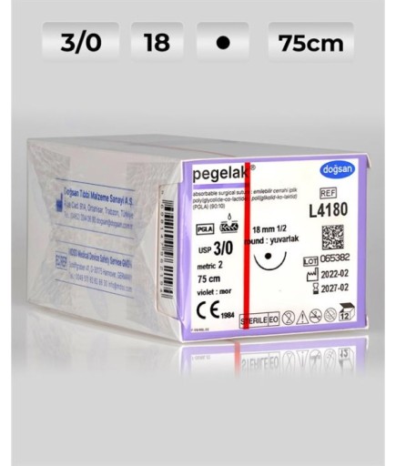 L4180 DOĞSAN Pegelak 3/0 18 1/2 Yuvarlak (●) 75Cm PGLA Emilebilir Sütür 12 Ad./Pkt