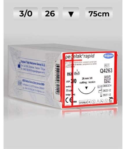 Q4263 DOĞSAN Pegelak Rapid 3/0 26 3/8 Keskin (▼) 75Cm PGLA Emilebilir Sütür 12 Ad./Pkt