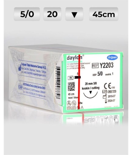 Y2203 DOĞSAN Daylon 5/0 20 3/8 Keskin (▼) 45Cm Polyamid Emilemeyen Sütür 12 Ad./Pkt
