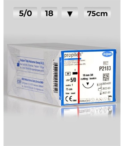 P2183 DOĞSAN Propilen 5/0 18 3/8 Keskin (▼) 75Cm Polipropilen Emilemeyen Sütür 12 Ad./Pkt