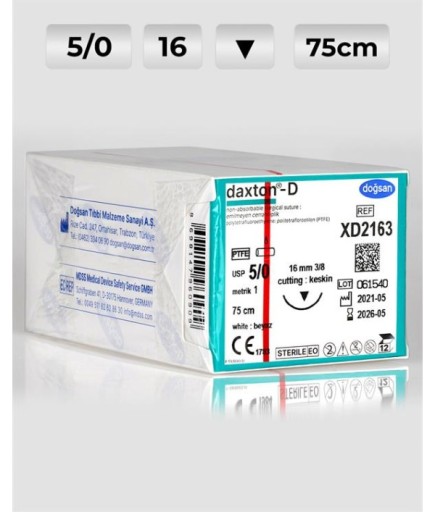 XD2163 DOĞSAN Daxton-D 5/0 16 3/8 Keskin (▼) 75Cm TEFLON Emilemeyen Sütür 12 Ad./Pkt