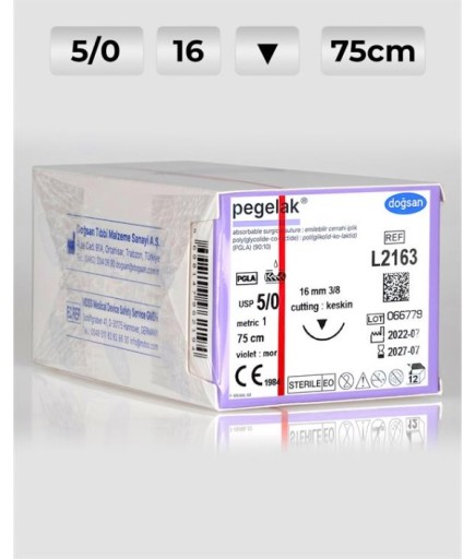 L2163 DOĞSAN Pegelak 5/0 16 3/8 Keskin (▼) 75Cm PGLA Emilebilir Sütür 12 Ad./Pkt