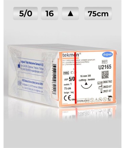 U2165 DOĞSAN Tekmon 5/0 16 3/8 Keskin (Δ) 75Cm PGCL Emilebilir Sütür 12 Ad./Pkt