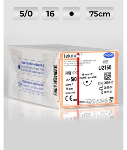 U2160 DOĞSAN Tekmon 5/0 16 1/2 Yuvarlak (●) 75Cm PGCL Emilebilir Sütür 12 Ad./Pkt