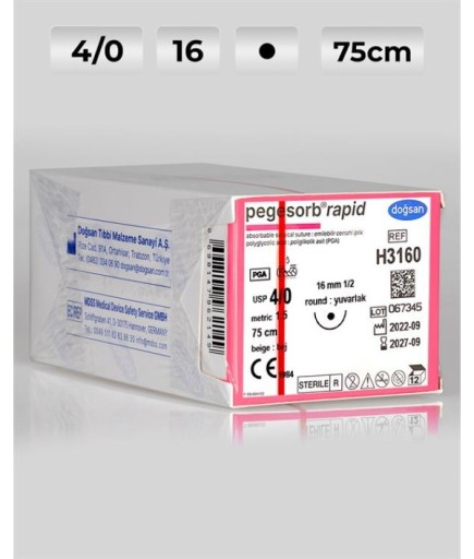 H3160 DOĞSAN Pegesorb Rapid 4/0 16 1/2 Yuvarlak (●) 75Cm PGLA Emilebilir Sütür 12 Ad./Pkt