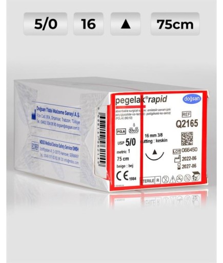 Q2165 DOĞSAN Pegelak Rapid 5/0 16 3/8 Keskin (Δ) 75Cm PGLA Emilebilir Sütür 12 Ad./Pkt