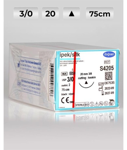 S4205 DOĞSAN İpek 3/0 20 3/8 Keskin (Δ) 75Cm İpek Emilemeyen Sütür 12 Ad./Pkt