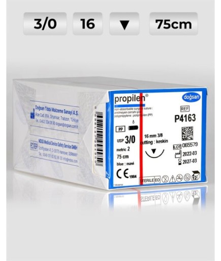 P4163 DOĞSAN Propilen 3/0 16 3/8 Keskin (▼) 75Cm Polipropilen Emilemeyen Sütür 12 Ad./Pkt