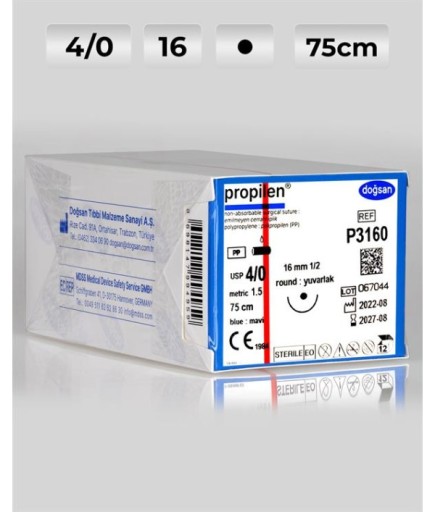 P3160 DOĞSAN Propilen 4/0 16 1/2 Yuvarlak (●) 75Cm Polipropilen Emilemeyen Sütür 12 Ad./Pkt