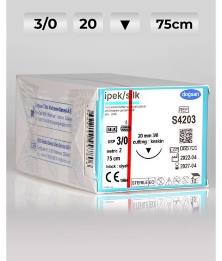 S4203 DOĞSAN İpek 3/0 20 3/8 Keskin (▼) 75Cm İpek Emilemeyen Sütür 12 Ad./Pkt
