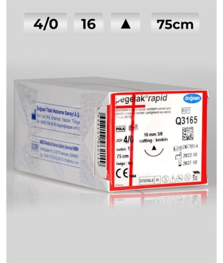 Q3165 DOĞSAN Pegelak Rapid 4/0 16 3/8 Keskin (Δ) 75Cm PGLA Emilebilir Sütür 12 Ad./Pkt