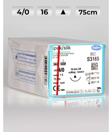 S3165 DOĞSAN İpek 4/0 16 3/8 Keskin (Δ) 75Cm İpek Emilemeyen Sütür 12 Ad./Pkt