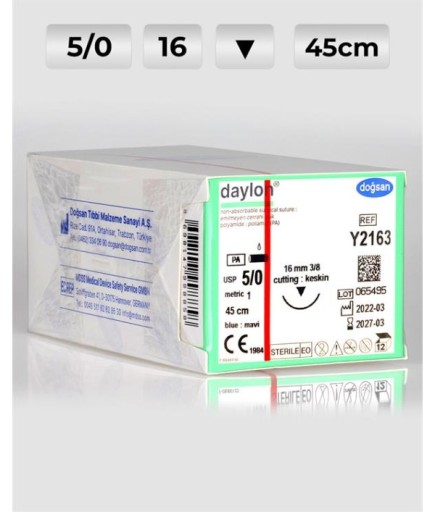 Y2163 DOĞSAN Daylon 5/0 16 3/8 Keskin (▼) 45Cm Polyamid Emilemeyen Sütür 12 Ad./Pkt