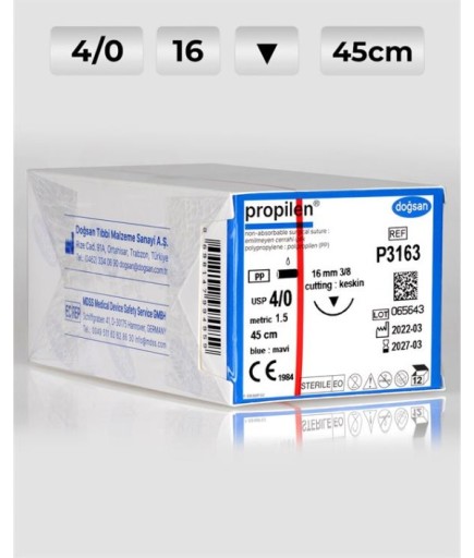 P3163 DOĞSAN Propilen 4/0 16 3/8 Keskin (▼) 45Cm Polipropilen Emilemeyen Sütür 12 Ad./Pkt