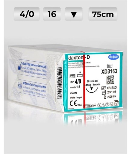 XD3163 DOĞSAN Daxton-D 4/0 16 3/8 Keskin (▼) 75Cm TEFLON Emilemeyen Sütür 12 Ad./Pkt