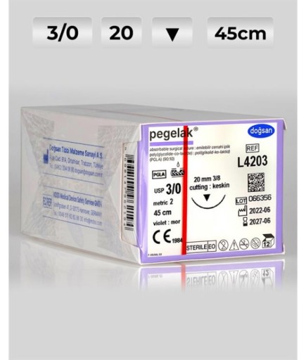 L4203 DOĞSAN Pegelak 3/0 20 3/8 Keskin (▼) 45Cm PGLA Emilebilir Sütür 12 Ad./Pkt