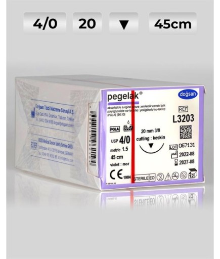 L3203 DOĞSAN Pegelak 4/0 20 3/8 Keskin (▼) 45Cm PGLA Emilebilir Sütür 12 Ad./Pkt