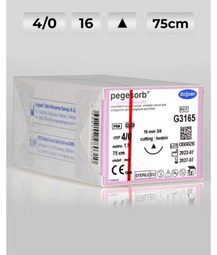 G3165 DOĞSAN Pegesorb 4/0 16 3/8 Keskin (Δ) 75Cm PGA Emilebilir Sütür 12 Ad./Pkt
