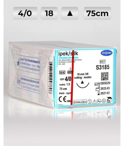 S3185 DOĞSAN İpek 4/0 18 3/8 Keskin (Δ) 75Cm İpek Emilemeyen Sütür 12 Ad./Pkt