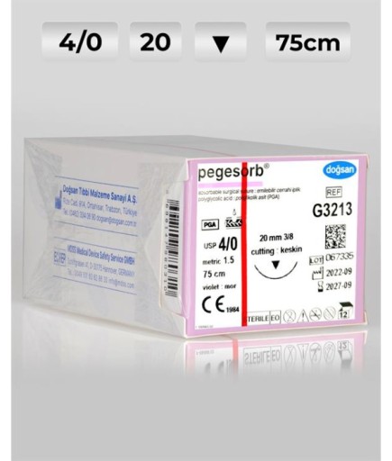 G3213 DOĞSAN Pegesorb 4/0 20 3/8 Keskin (▼) 75Cm PGA Emilebilir Sütür 12 Ad./Pkt