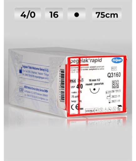 Q3160 DOĞSAN Pegelak Rapid 4/0 16 1/2 Yuvarlak (●) 75Cm PGLA Emilebilir Sütür 12 Ad./Pkt