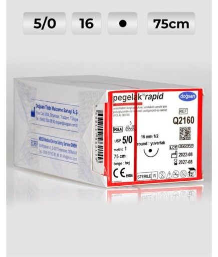 Q2160 DOĞSAN Pegelak Rapid 5/0 16 1/2 Yuvarlak (●) 75Cm PGLA Emilebilir Sütür 12 Ad./Pkt