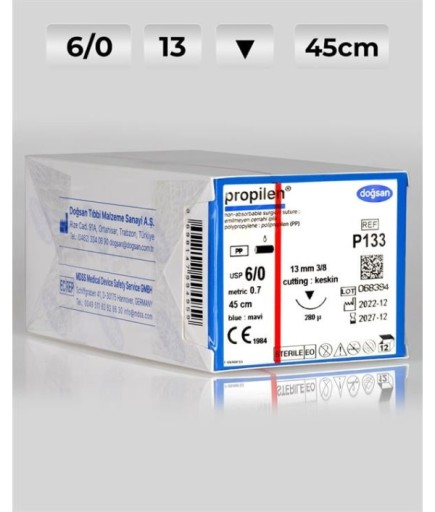 P133 DOĞSAN Propilen 6/0 13 3/8 Keskin (▼) 45Cm Polipropilen Emilemeyen Sütür 12 Ad./Pkt