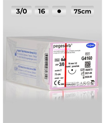 G4160 DOĞSAN Pegesorb 3/0 16 1/2 Yuvarlak (●) 75Cm PGA Emilebilir Sütür 12 Ad./Pkt