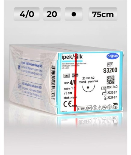 S3200 DOĞSAN İpek 4/0 20 1/2 Yuvarlak (●) 75Cm İpek Emilemeyen Sütür 12 Ad./Pkt