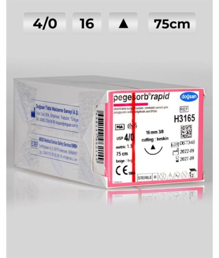 H3165 DOĞSAN Pegesorb Rapid 4/0 16 3/8 Keskin (Δ) 75Cm PGLA Emilebilir Sütür 12 Ad./Pkt