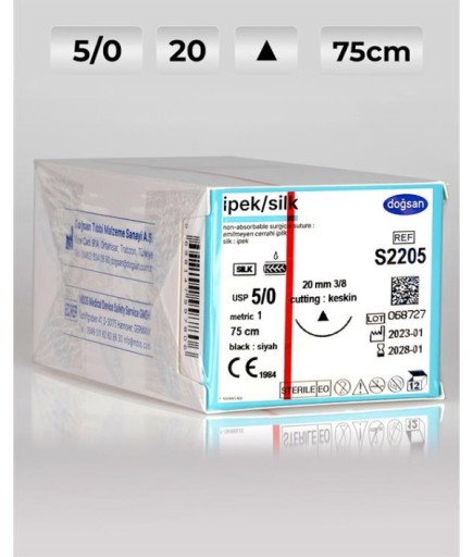S2205 DOĞSAN İpek 5/0 20 3/8 Keskin (Δ) 75Cm İpek Emilemeyen Sütür 12 Ad./Pkt