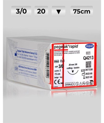 Q4213 DOĞSAN Pegelak Rapid 3/0 20 3/8 Keskin (▼) 75Cm PGLA Emilebilir Sütür 12 Ad./Pkt