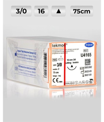 U4165 DOĞSAN Tekmon 3/0 16 3/8 Keskin (Δ) 75Cm PGCL Emilebilir Sütür 12 Ad./Pkt