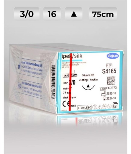 S4165 DOĞSAN İpek 3/0 16 3/8 Keskin (Δ) 75Cm İpek Emilemeyen Sütür 12 Ad./Pkt